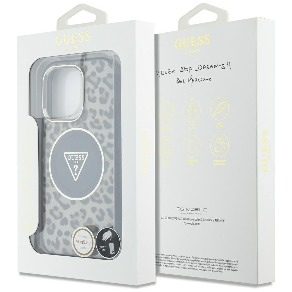 Etui Guess HC IML Leopard Triangle Cord Strap do iPhone 16 Pro MagSafe brąz